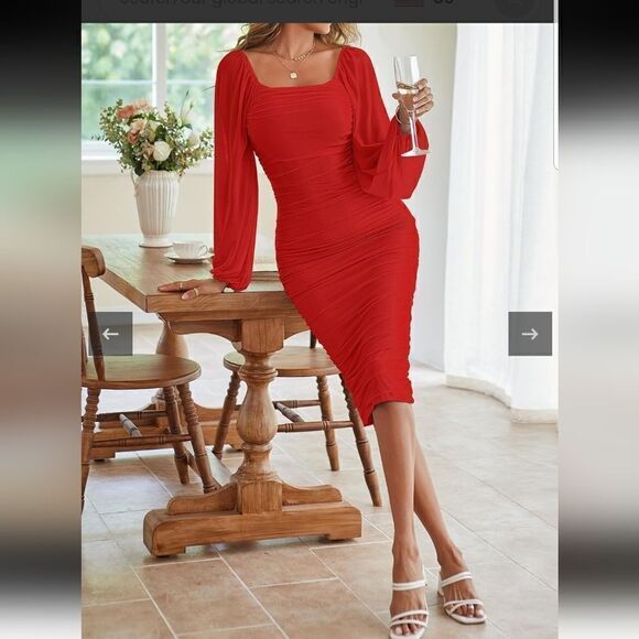 NWT MEROKEETY Lantern Long Sleeve Mesh Ruched Bodycon Clubwear Below Knee Dress - Picture 1 of 14